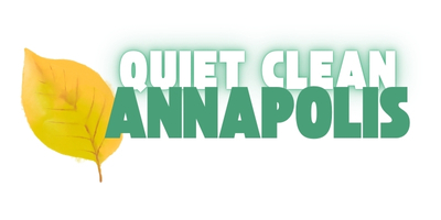 A yellow leaf to the left of the text that reads Quiet Clean Annapolis in white and green.